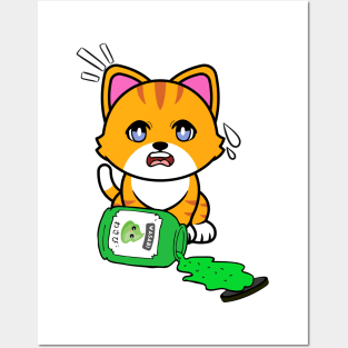 Cute Orange cat Spills a jar of wasabi sauce Posters and Art